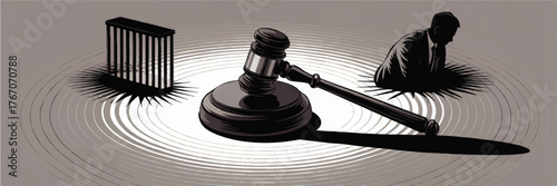 Justice System Concept Illustration – Judge’s Gavel with Prison Bars and Distressed Businessman, Legal Consequences, Grey Background