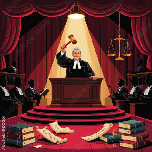 Dramatic Courtroom Illustration with Judge, Legal Books, Gavel, and Justice Scales on Red Curtain Background