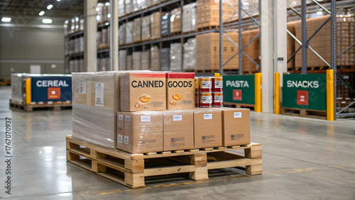 A standard wooden pallet on a smooth concrete warehouse floor, stacked neatly with shrink-wrapped boxes of assorted food items—some labeled with colorful branding