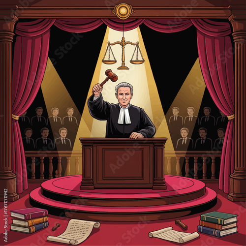 Dramatic Courtroom Illustration Featuring Judge with Gavel, Scales of Justice, Jury, Legal Documents and Red Curtains