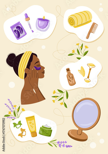 Girl in a striped headband applying hyaluron eye patches. Morning beauty routine with natural spa and skin care products, lavender and herbal cosmetic accessories: cream, oil, serum, moisturizing gel