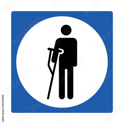 Blue and white priority access sign with crutch symbol for injured individuals in public spaces