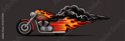 Cool Cartoon Chopper Motorcycle with Flames and Smoke, Football Gas Tank, Vector Art on Dark Background – Sports Biker Illustration