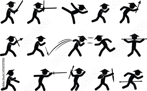 Martial arts stick figure vector illustration, graduation cap theme, sword and spear poses, combat motion, educational choreography, action storyboard design