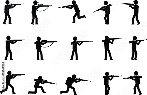 Rifle shooting silhouette vector illustration, 15 tactical poses, standing, kneeling, aiming stances, combat motion, military training, action design