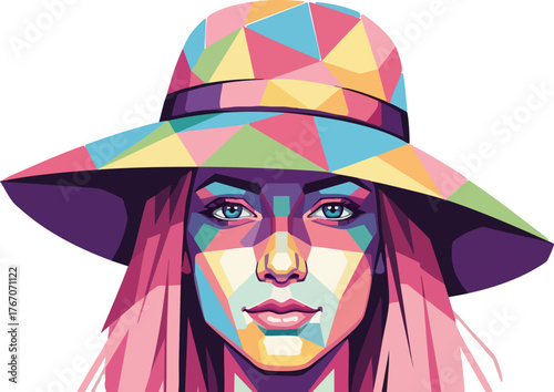 Colorful geometric portrait of a woman wearing a hat