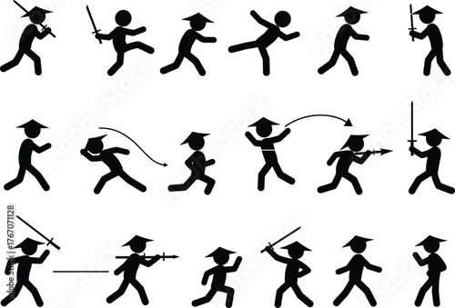 Martial arts silhouette vector illustration, graduation cap theme, combat poses, sword and kick actions, motion storyboard, educational training design