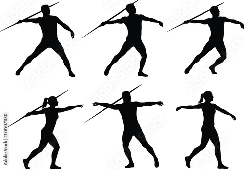 Javelin throwing silhouette vector illustration, six dynamic poses, athletic motion sequence, sports training, track and field concept, action design