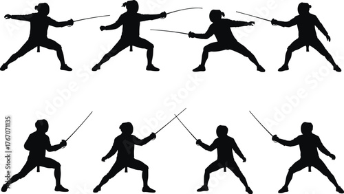 Fencing silhouette vector illustration set, eight sword fighting poses, attack and defense stances, sports training, athletic motion, martial art concept