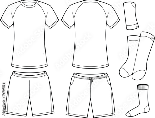 Sportswear outfit vector illustration set, front and back views, t-shirt, shorts, socks, compression sleeve, athletic uniform technical sketch