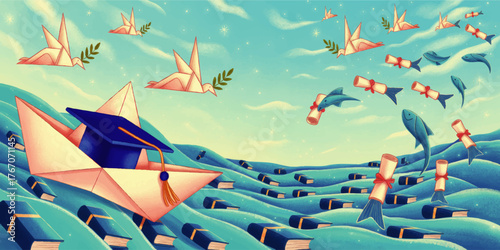 Surreal Graduation Journey Illustration with Paper Boat, Cap, Origami Birds, Books, Fish, and Diplomas on Blue Ocean Waves