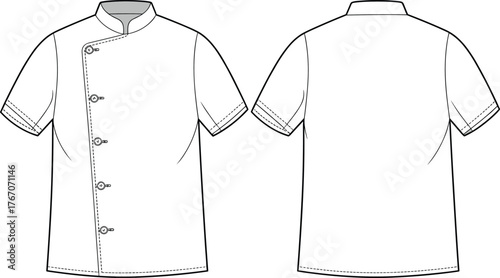 Chef’s jacket vector illustration, short sleeves, asymmetrical button closure, stand-up collar, front and back views, fashion technical uniform sketch