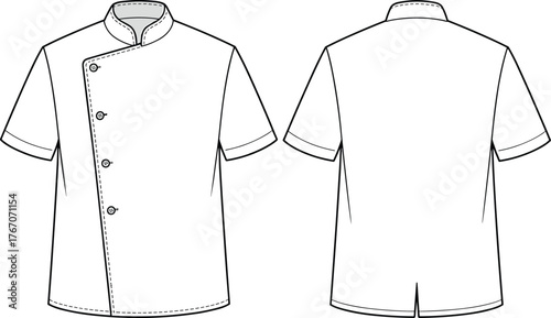 Chef’s jacket vector illustration, short sleeves, asymmetrical button closure, mandarin collar, front and back views, fashion technical uniform sketch