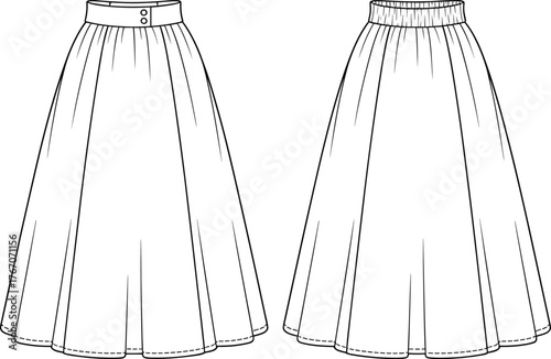 Flared skirt vector illustration, front and back views, buttoned waistband, elastic back, gathered panels, fashion technical garment construction sketch