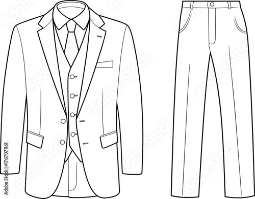 Formal men’s suit vector template, black and white outline illustration, business wear jacket, vest, shirt, tie, and trousers design mockup