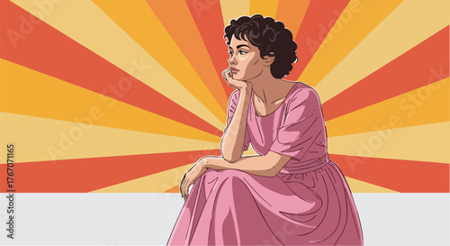 Thoughtful woman in pink dress with retro sunburst