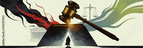 Dramatic Legal Concept Illustration with Gavel, Scales of Justice, Courthouse, and Abstract Red vs. Green Energy Swirls