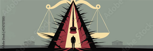 Conceptual Illustration of Justice, Law, and Legal Challenges—Silhouette, Scales, Gavel, Spikes, Symbolic Adversity, Court System