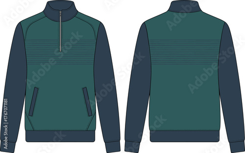 Green and navy pullover jacket front and back view, stylish half zip sweatshirt fashion template, modern winter outerwear apparel design vector illustration