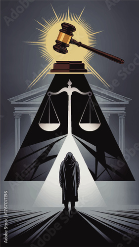 Conceptual Illustration of Justice – Silhouette Facing Scales and Gavel with Courthouse Background, Symbolizing Law and Judgment