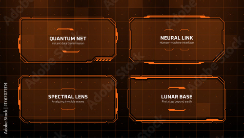 Futuristic h.u.d. vector graphic interface with interactive data windows for science fiction and technology concept design.