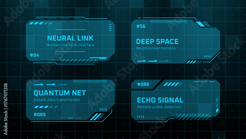 Futuristic hud vector graphic with neural link, deep space, quantum net, and echo signal text. Digital interface for modern technology data concept