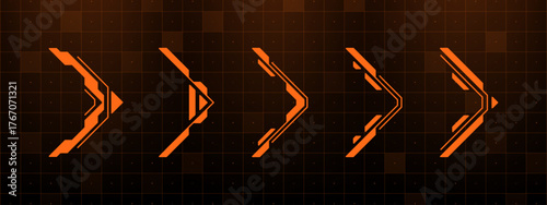 Hud vector graphics set for futuristic display design. Orange arrow element for digital interface. Abstract shapes for technology background.
