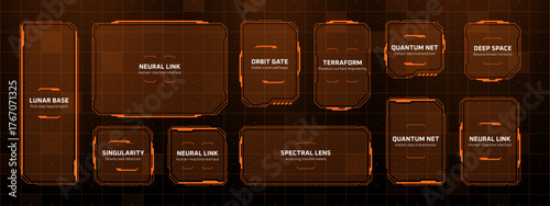 Orange futuristic huds vector graphics set for user interface design. Digital data display with science fiction concept of space exploration.