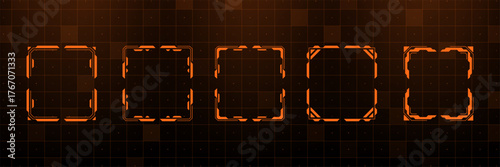 Set of orange hud gaming interface frame. Head-up display elements futuristic style for game UI concept design and virtual reality.