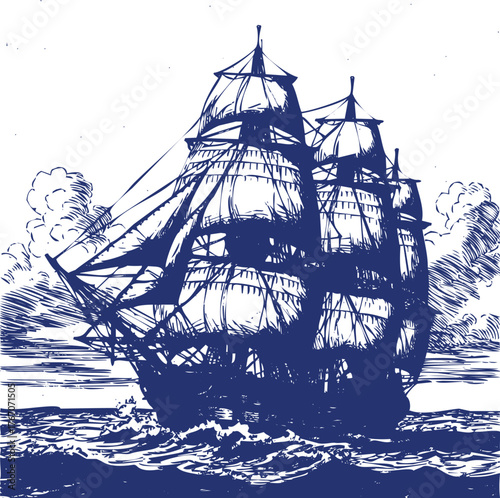 Vintage Tall Ship Sailing Through Rough Seas with Clouds in a Blue Silhouette sailing ship