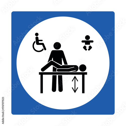 Blue universal changing place sign with adjustable table and inclusive icons for public accessibility