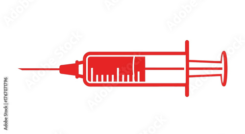 A bold red illustration of a medical syringe on a clean white background, symbolizing healthcare and treatment.
