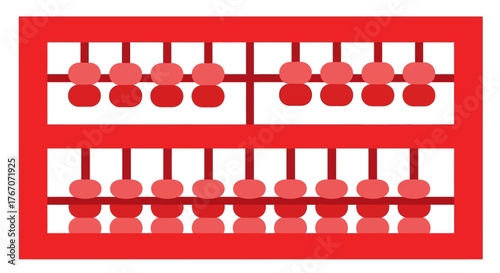 Bright red abacus with beads arranged for calculation, symbolizing education and counting.