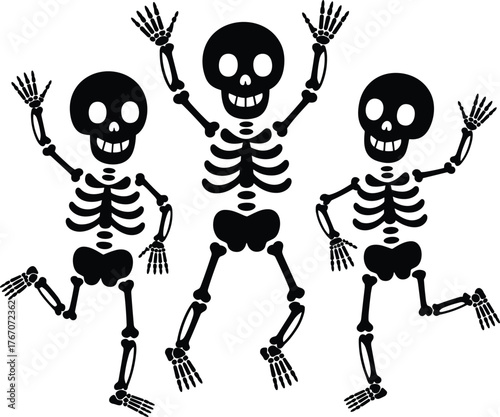 Playful dancing skeletons cartoon illustration, funny skull characters celebrating Halloween party, spooky festive bones artwork, humorous skeleton dance clipart design