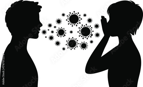 Black and white silhouette illustration of airborne virus transmission, people facing each other, spreading germs, infection prevention, health safety concept, pandemic awareness