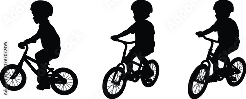 Silhouette child riding bicycle with helmet, cycling safety illustration, kids outdoor activity, healthy lifestyle, sports training, motion posture study, education