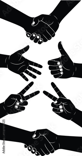 Silhouette hands handshake, open palm, thumbs up, peace sign, victory gesture, communication symbols, teamwork unity, business agreement, friendship illustration