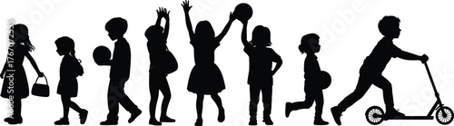 Children silhouettes playing, walking, running, holding ball, riding scooter, active kids activities, childhood fun, outdoor play, sports, lifestyle illustration