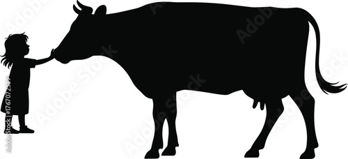 Silhouette child touching cow nose, farm animal interaction, rural innocence, countryside lifestyle, nature connection, livestock care, peaceful moment, agriculture scene
