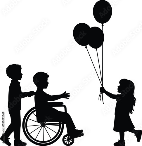 Inclusive children silhouette illustration, wheelchair accessibility, friendship, balloons, diversity, disability support, childhood happiness, equality, community care, social connection, teamwork