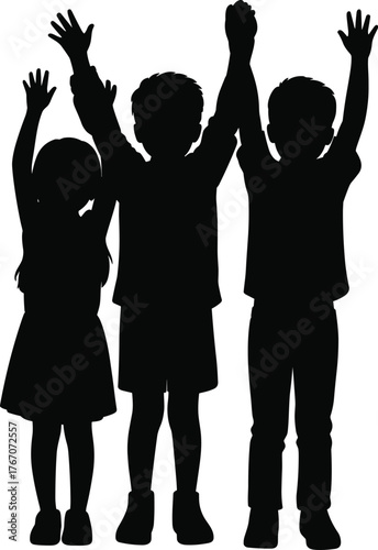 Children silhouette raising hands together, unity, friendship, teamwork, childhood joy, happy kids, celebration, freedom, diversity, playful energy, outdoor lifestyle, bonding