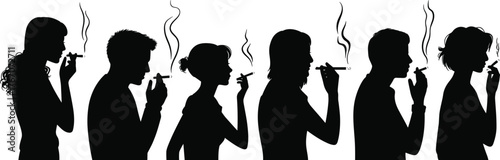 Silhouette people smoking cigarettes, male and female figures with rising smoke, unhealthy lifestyle, addiction concept, black background, public awareness illustration