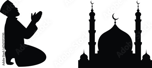Silhouette of Muslim man praying, Islamic worship, mosque dome with crescent moon, minarets, spirituality, religion, faith, devotion, Ramadan, Eid