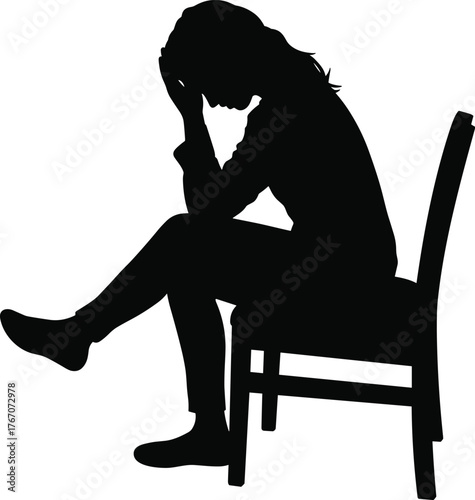 Silhouette man sitting chair stressed, depression anxiety concept, mental health awareness, loneliness sadness despair, psychology therapy counseling, emotional struggle