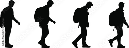 Walking silhouette sequence of man with backpack, dynamic stride motion, human figure movement, animation frames, pedestrian activity, urban lifestyle concept