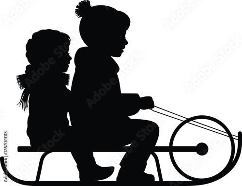 Winter children sledding silhouette, kids riding snow sled together, childhood fun outdoor activity, cold weather play, seasonal holiday recreation, companionship