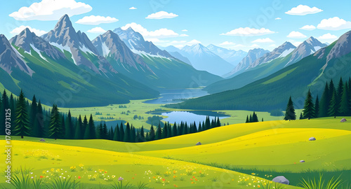 meadow mountain illustration, landscape vector, mountain scenery, green meadow, hills and mountains, nature landscape, summer meadow, valley illustration, scenic view, natural environment, rural lands