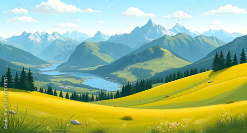 meadow mountain illustration, landscape vector, mountain scenery, green meadow, hills and mountains, nature landscape, summer meadow, valley illustration, scenic view, natural environment, rural lands