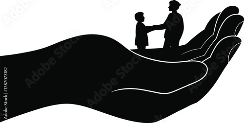 Business handshake silhouette in supportive hand, partnership trust, unity collaboration concept, teamwork agreement, corporate support, protection, care, responsibility illustration
