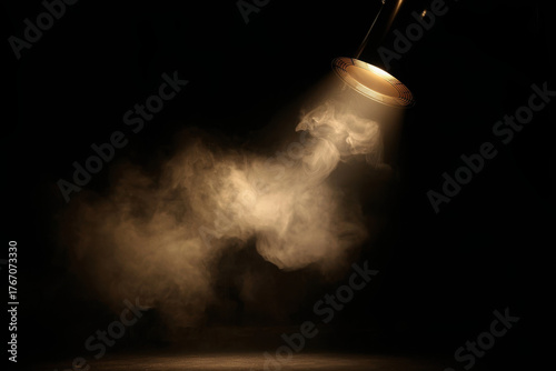 Professional lighting equipment without reflector and smoke on dark background. Space for text
